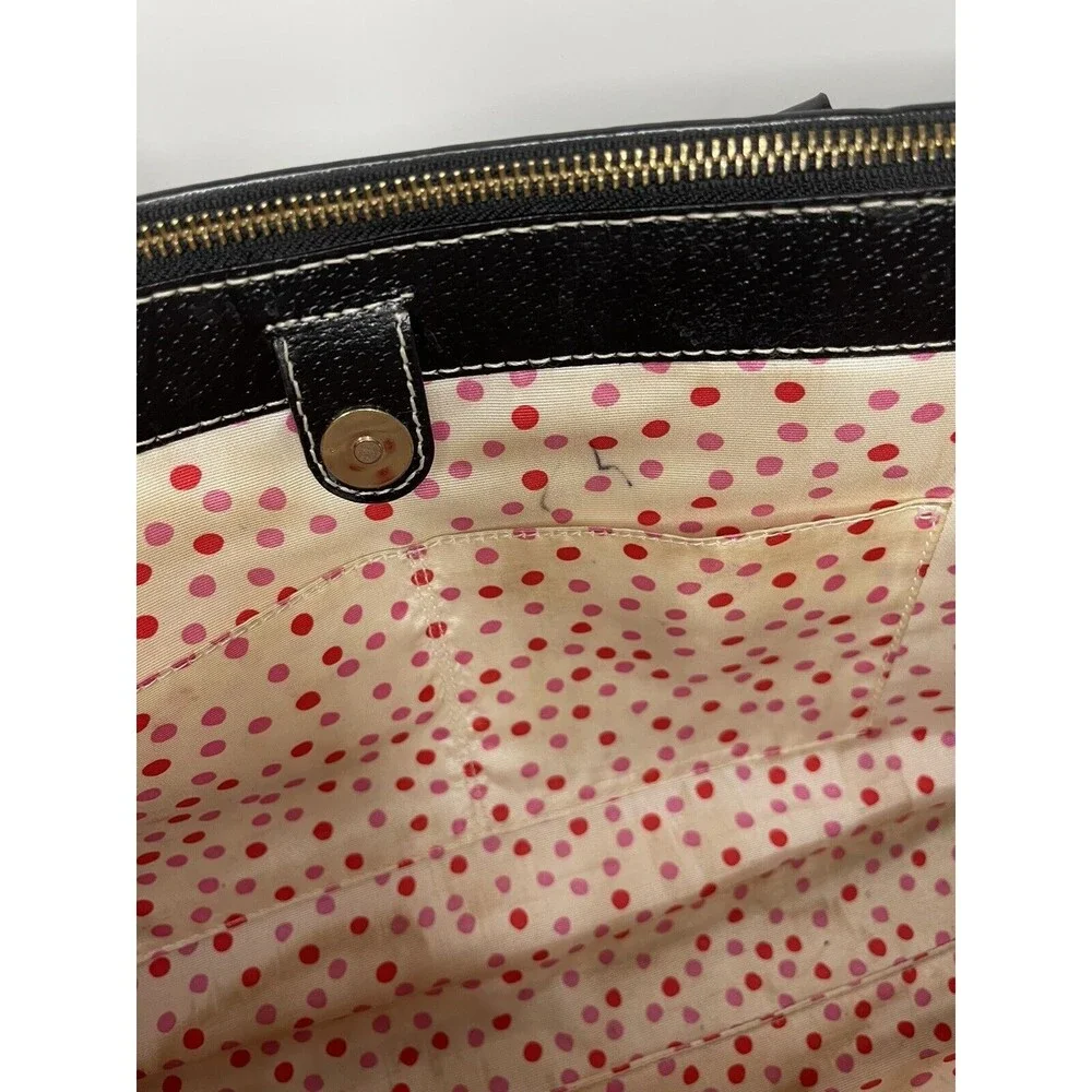 Kate Spade New York Black Pebble Leather Zipper Tote Bag Classic Purse Polka Dot